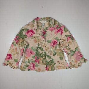 Vintage Melrose Studio Silk Cotton Floral Blazer Jacket Pink Green Rose Size 8